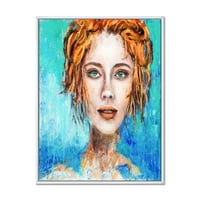 אישה פנים עם אדום שיער וירוק עיניים ממוסגר ציור בד אמנות הדפסה