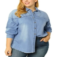מציאות ייחודיות לנשים פלוס גודל כפתור שרוול ארוך למטה חולצת ג'ינס