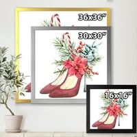 עיצוב אמנות 'נעלי עקב זמש אדומות עם עיצוב פרחוני אדום לחג המולד' הדפס אמנות ממוסגר מסורתי