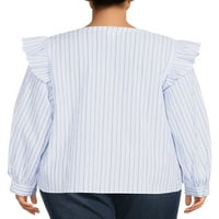 החולצה הקדמית של כפתור שרוול ארוך בגודל של הנשים עם נשים עם קפלים