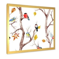 עיצוב אמנות 'ציפורים קטנות ועצי סתיו' הדפס אמנות ממוסגר מסורתי