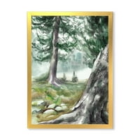 עיצוב אמנות 'יער אורנים בזוהר הבוקר המוקדם' הדפס אמנות ממוסגר של בית האגם