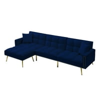 Aukfa 108 סלון ספה חתך, מיטת ספה, ספה ישנה קטיפה, עיצוב ראש ציפורניים, כריות, כחול
